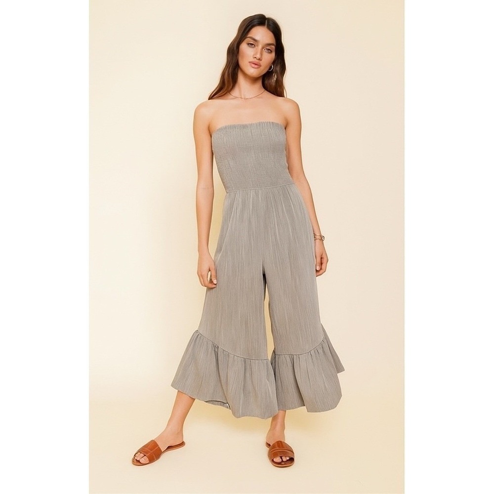 Women Denim Wide Leg Midi Jumpsuit Cowgirl Country Strapless Gray Size Medium